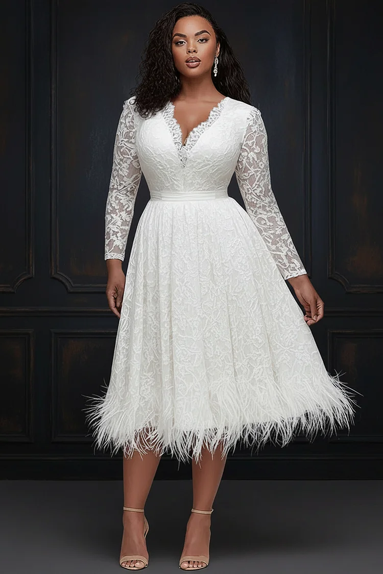 Xpluswear Design Plus Size Wedding White V Neck Long Sleeve Feather Casual See Through Lace Midi Dresses 2024 - Xpluswear