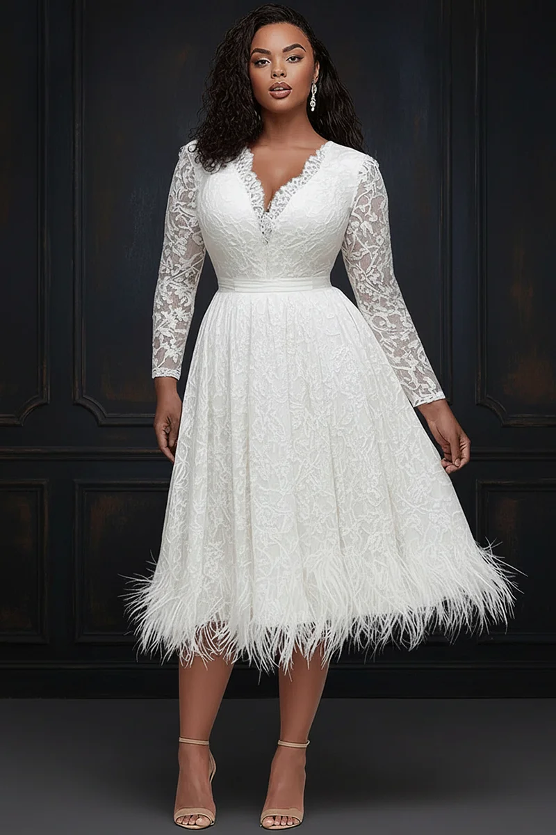 Xpluswear Design Plus Size Wedding White Round Neck Short Sleeve See  Through Tulle Midi Dresses - Xpluswear.com