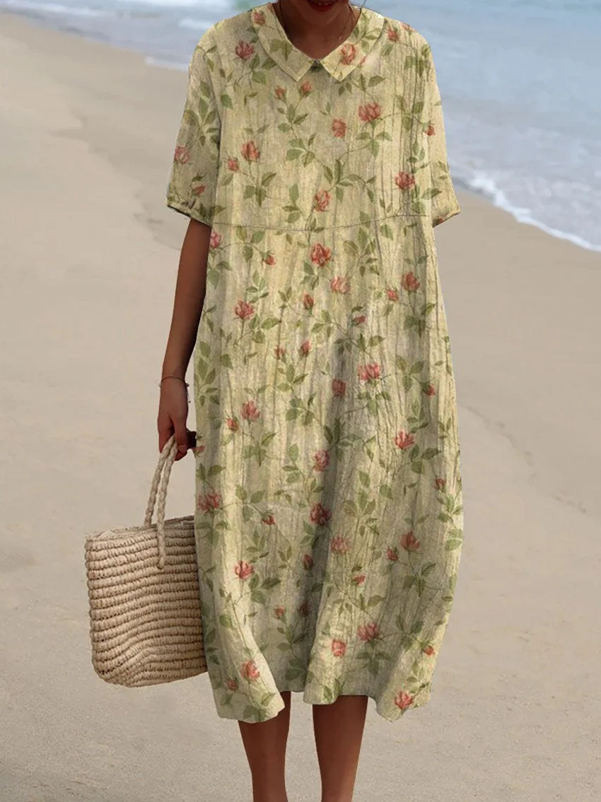 Women's Vintage Floral Art Print Pocket Linen Dress（Convertible Dress With Front And Back Option）