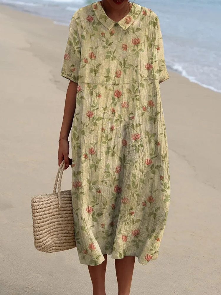 Women's Vintage Floral Art Print Pocket Linen Dress（Convertible Dress With Front And Back Option）
