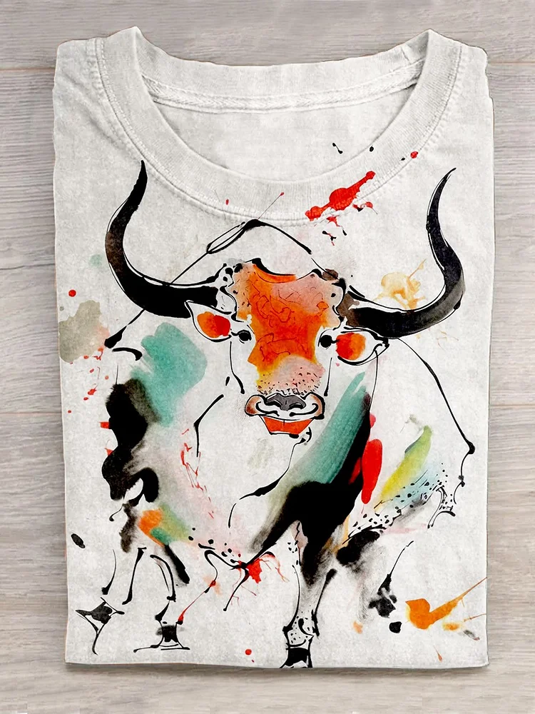 Funny Chinese Painting Ink Cow Art Print Design T-shirt