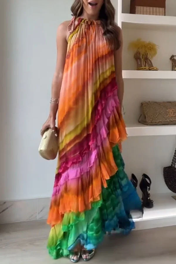 Rosha Georgette Crepe Tie-dye Print Layered Ruffles A-line Maxi Dress