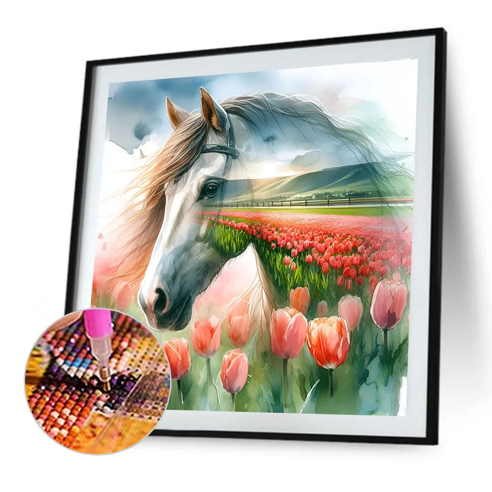 Diamond Painting - Full Round Drill - Tulip Horse Silhouettes(Canvas|30*30cm)