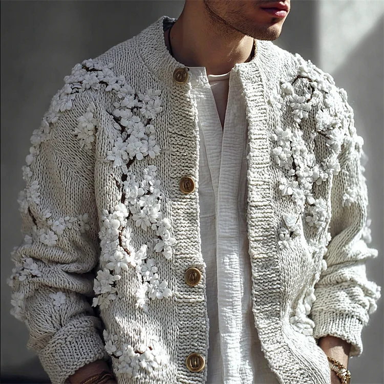 Men's Japanese White Almond Blossom Cozy Knit Cardigan