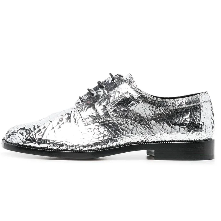 Metallic Silver Tabi Toe Shoes Lace-Up Low Block Heel Women's Oxfords |FSJ Shoes