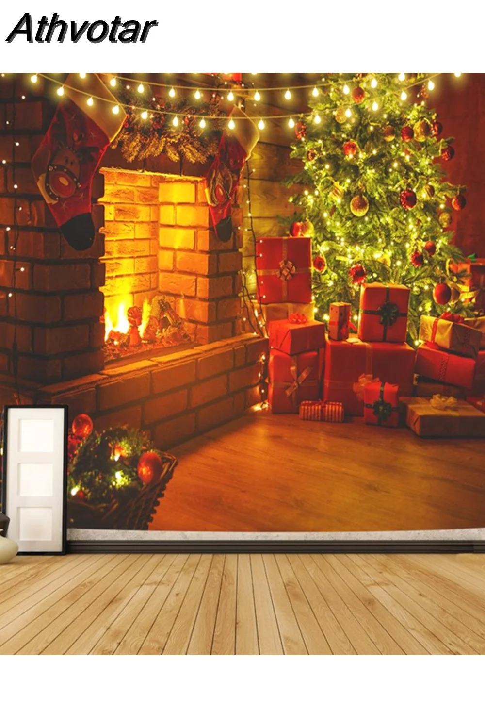 Athvotar Happy New Year Tapestry Christmas Fireplace Wall Hanging Cloth Home Background Bedroom Bedside Decorative Xmas Tree Tapiz