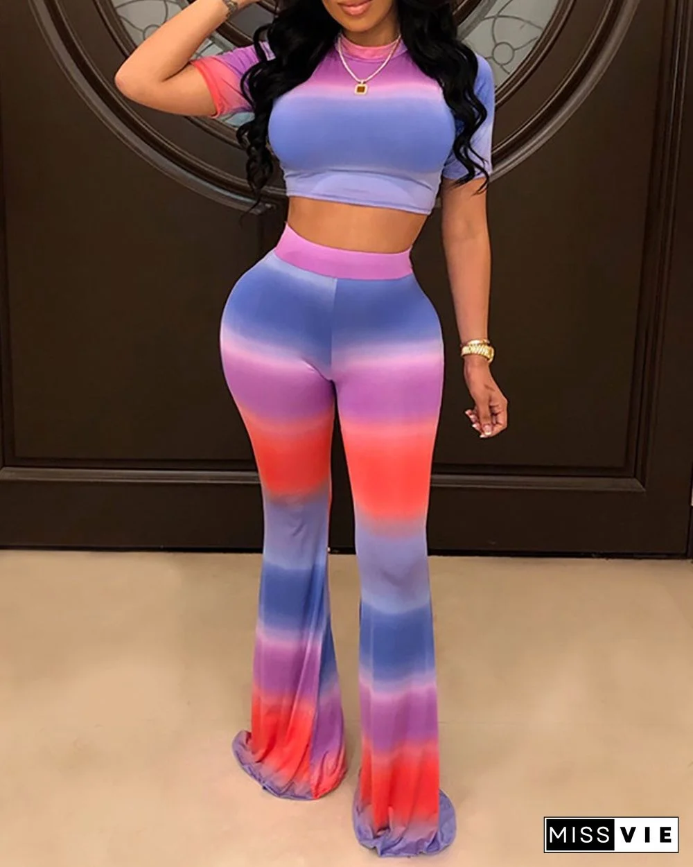 Colorblock Crop Top & Bootcut Pants Set