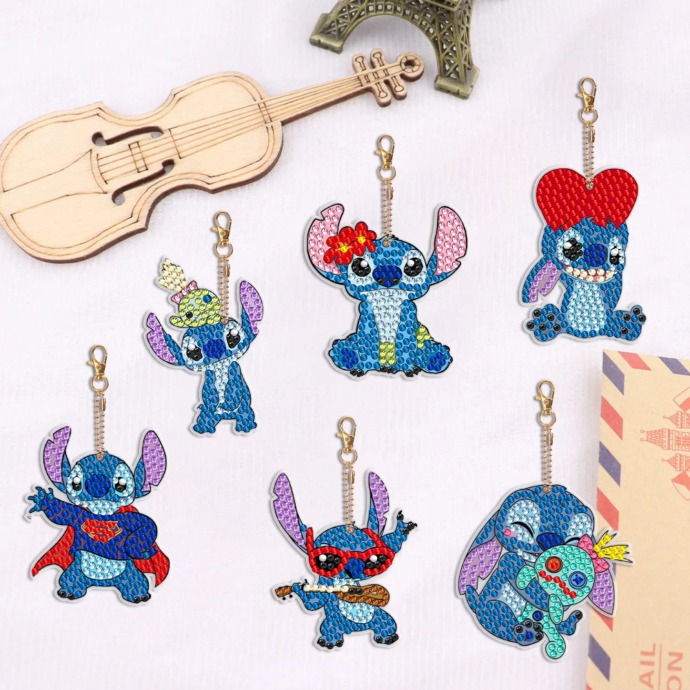 6pcs DIY Stitch Diamond Keychains Pendant Double Sided Diamond Art Keychains