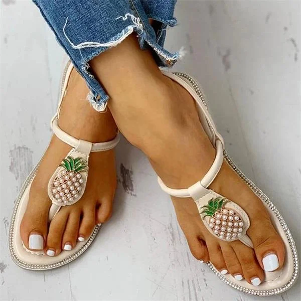 Women Rhinestones Pearl Pineapple Thongs Buckle Strap Flat Heel Sandals