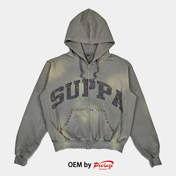 Custom Print Rhinestone Zip Up Hoodie