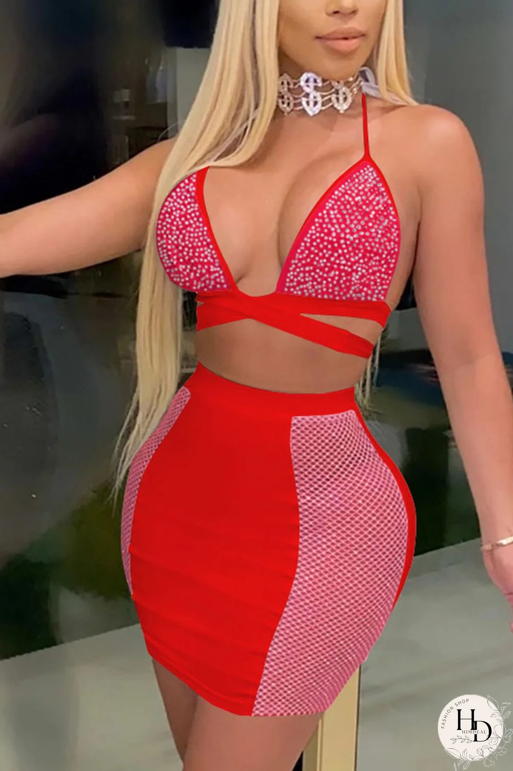 Red Sexy Polyester Solid Split Joint Spaghetti Strap Sleeveless Short Two Pieces