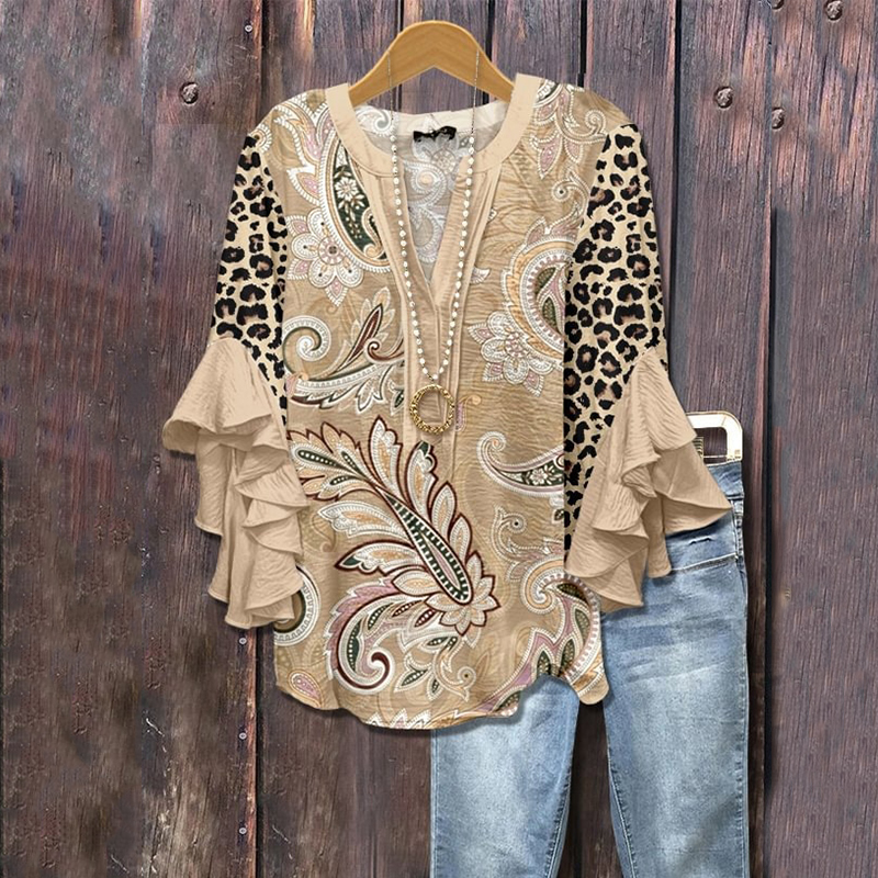 Comstylish Vintage Leopard Patchwork Flower Print V-neck Ruffle Blouse