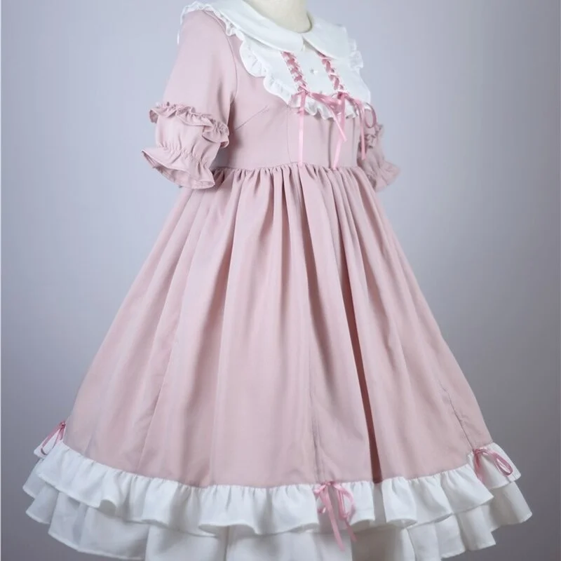 Ueong Japanese Kawaii Peter Pan Collar Lolita Dresses Patchwork Bowknot Ruffles Sweet Women Vestido Princess Party Femme Robe