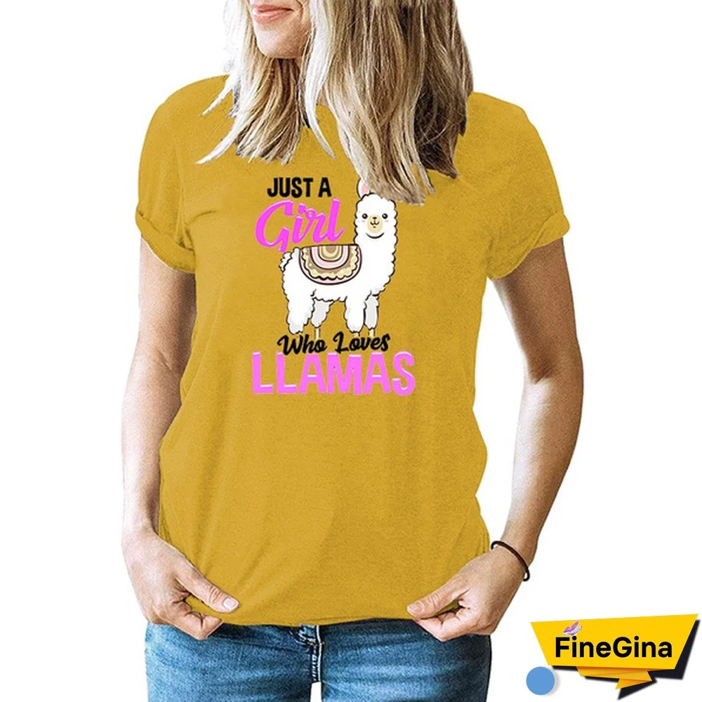 Cute Just A Girl Who Loves Llamas Print T-shirts For Women Summer Lovely Short Sleeve Casual Round Neck T-shirts Ladies Creative Personalized Tops