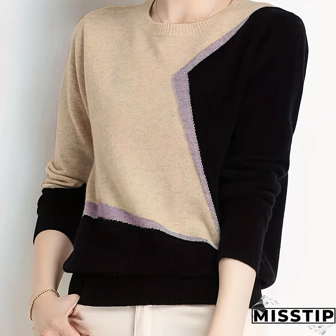 xieyinshe Color Block Knitted Sweater, Long Sleeve Crew Neck Casual Sweater For Spring & Fall, Women's Clothing