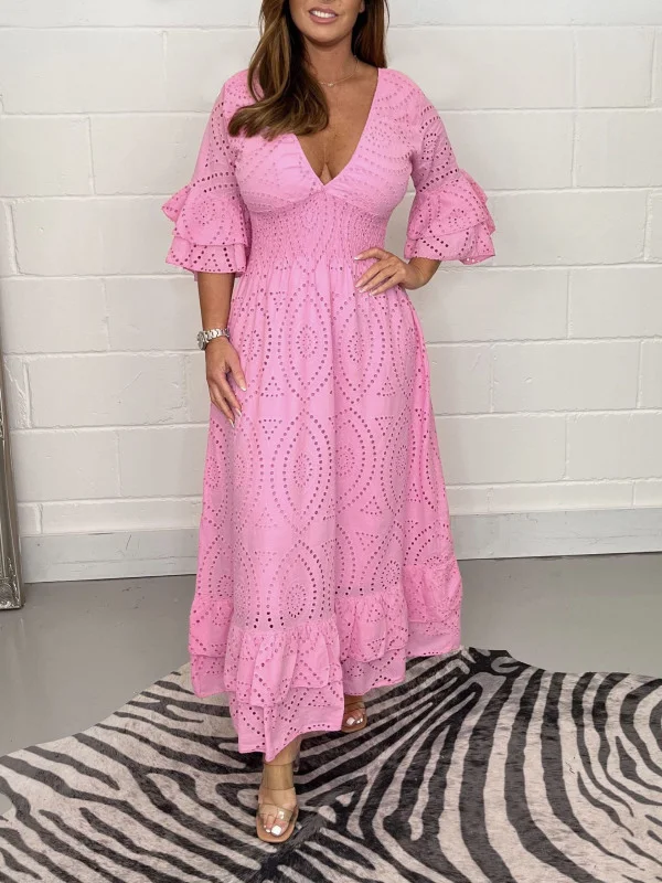 Pink Embroidery Anglaise Frill Sleeve Maxi Dress