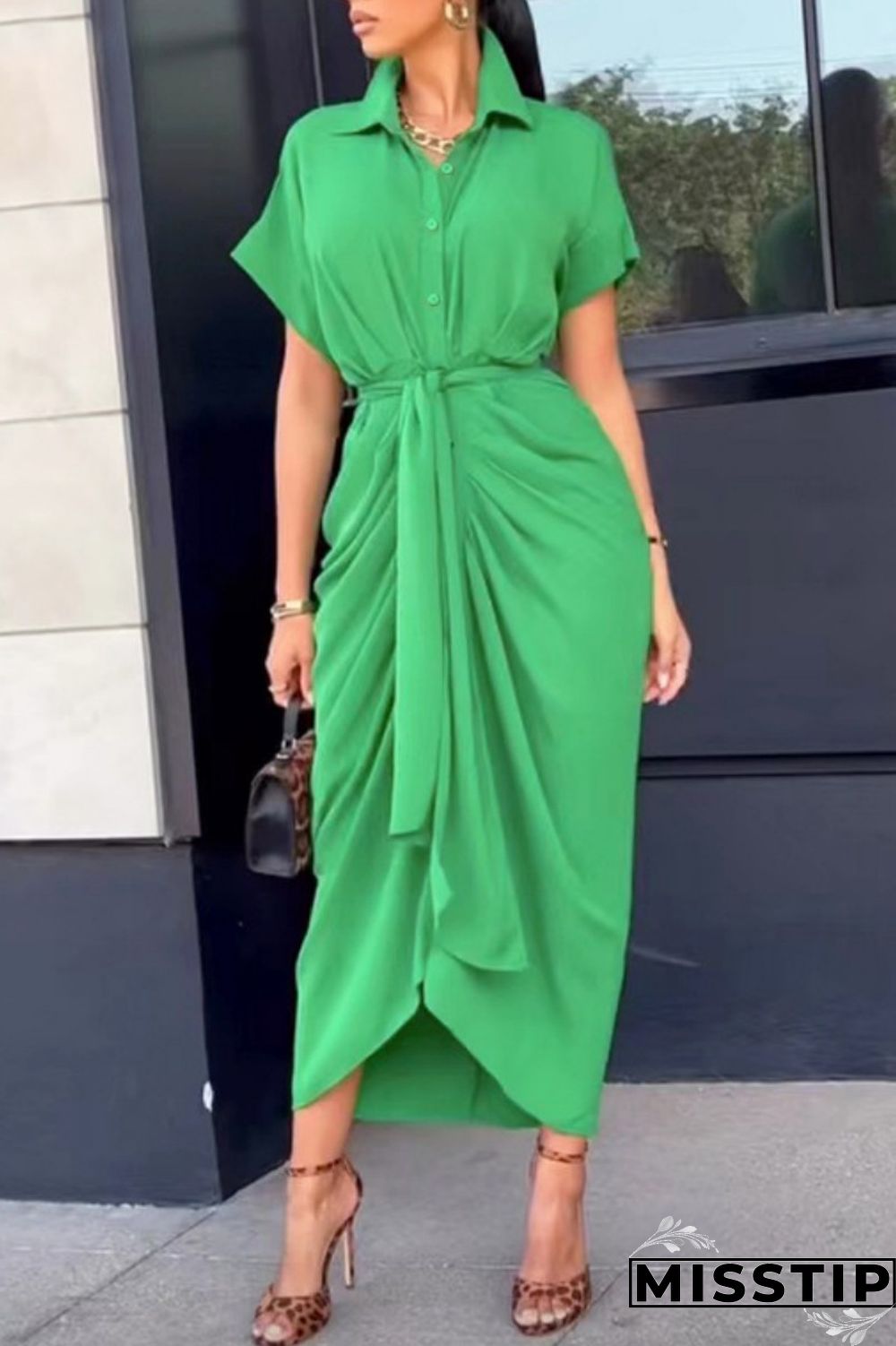 Green Casual Solid Patchwork Turndown Collar Shirt Dress Dresses