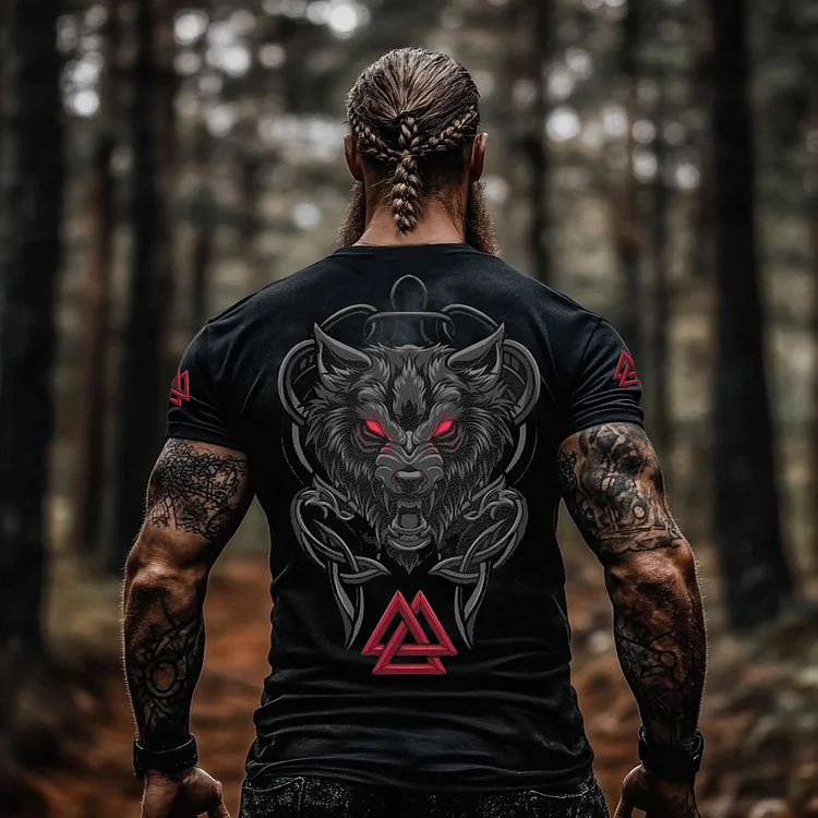Vintage Viking Wolf Rune Print Short Sleeve T-shirt