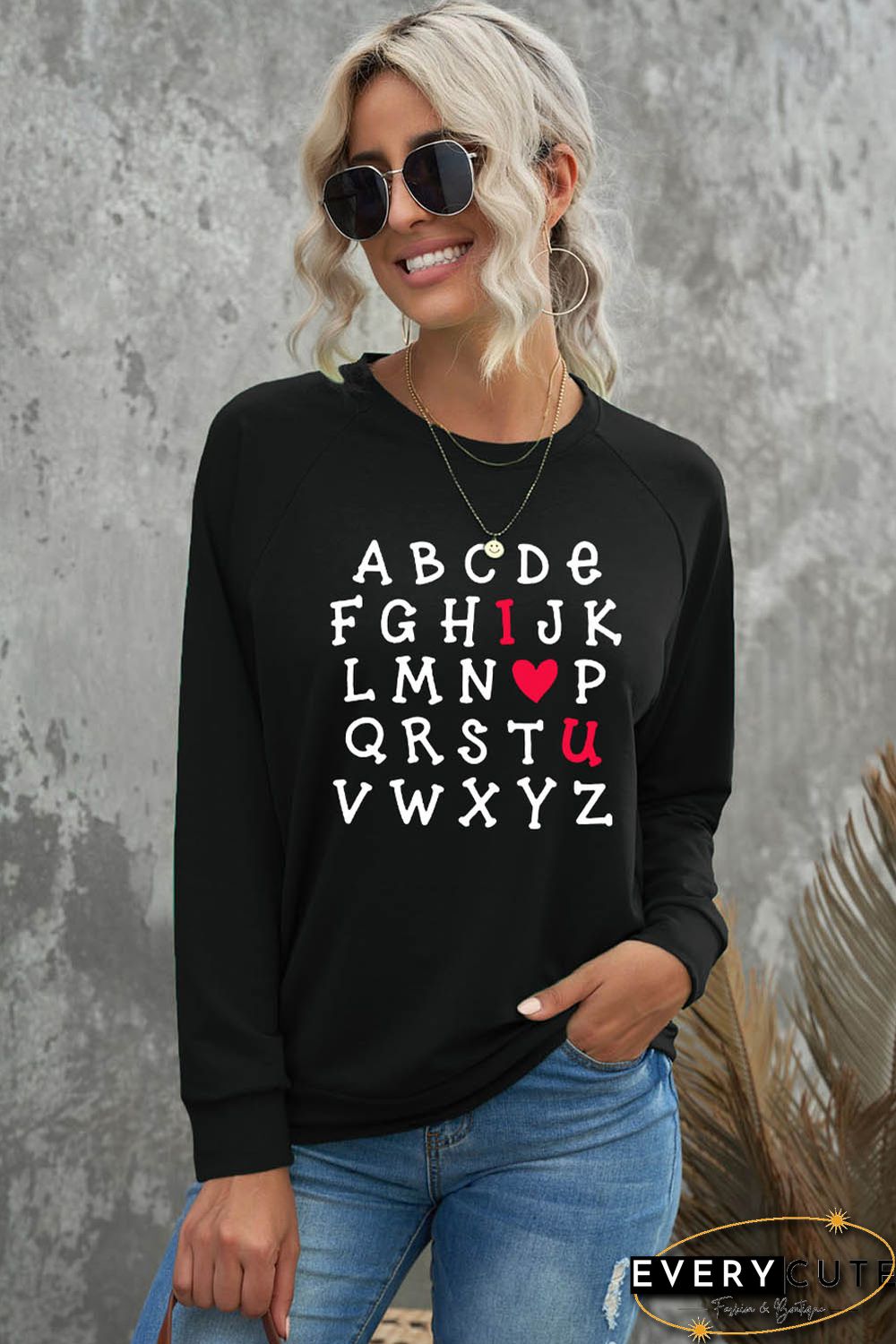 Valentine Letter Heart Print Long Sleeve Graphic Sweatshirt