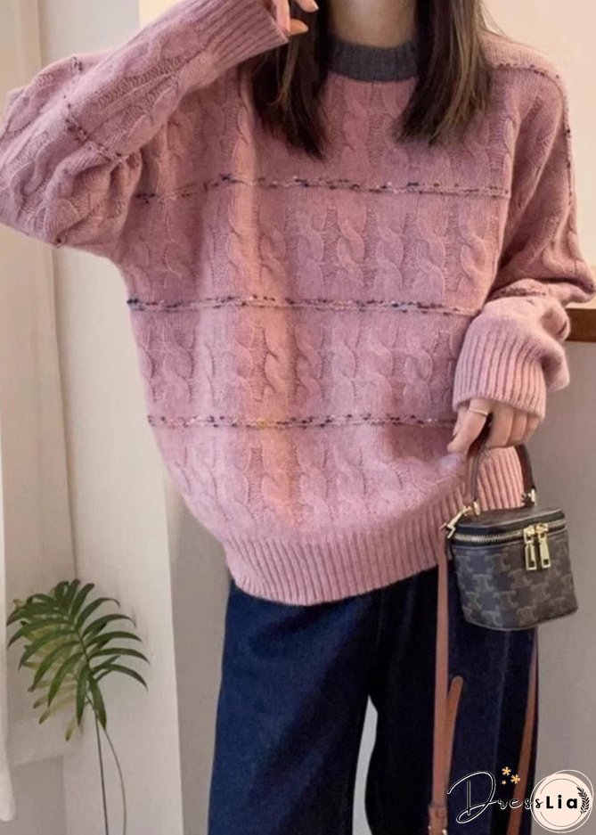 New Pink O Neck Cozy Patchwork Knit Sweaters Fall