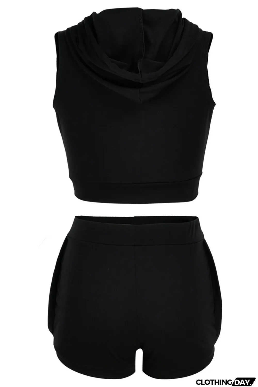 Black Fashion Print Patchwork Hooded Collar Sleeveless Two Pieces