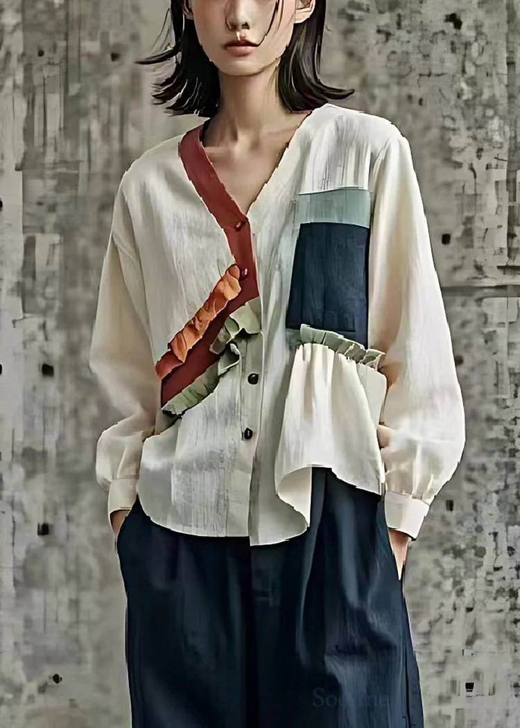 Organic White Ruffled Patchwork Linen Shirt Top Spring