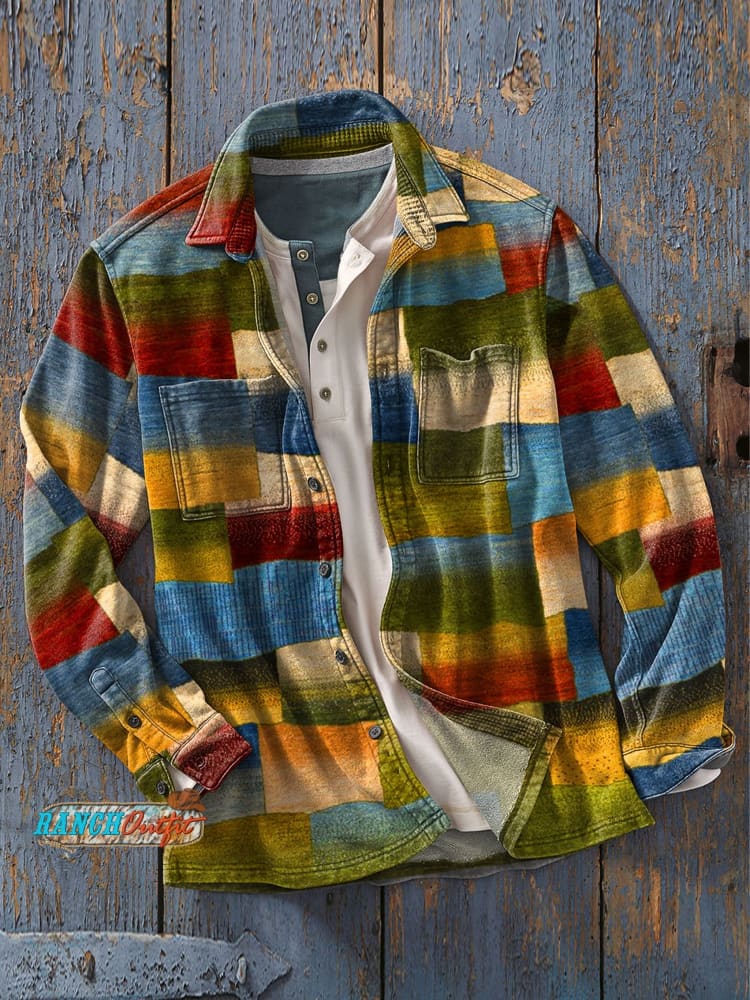 Men’s Vintage Retro Art Print Casual Long Sleeve Shirt As Picture / S