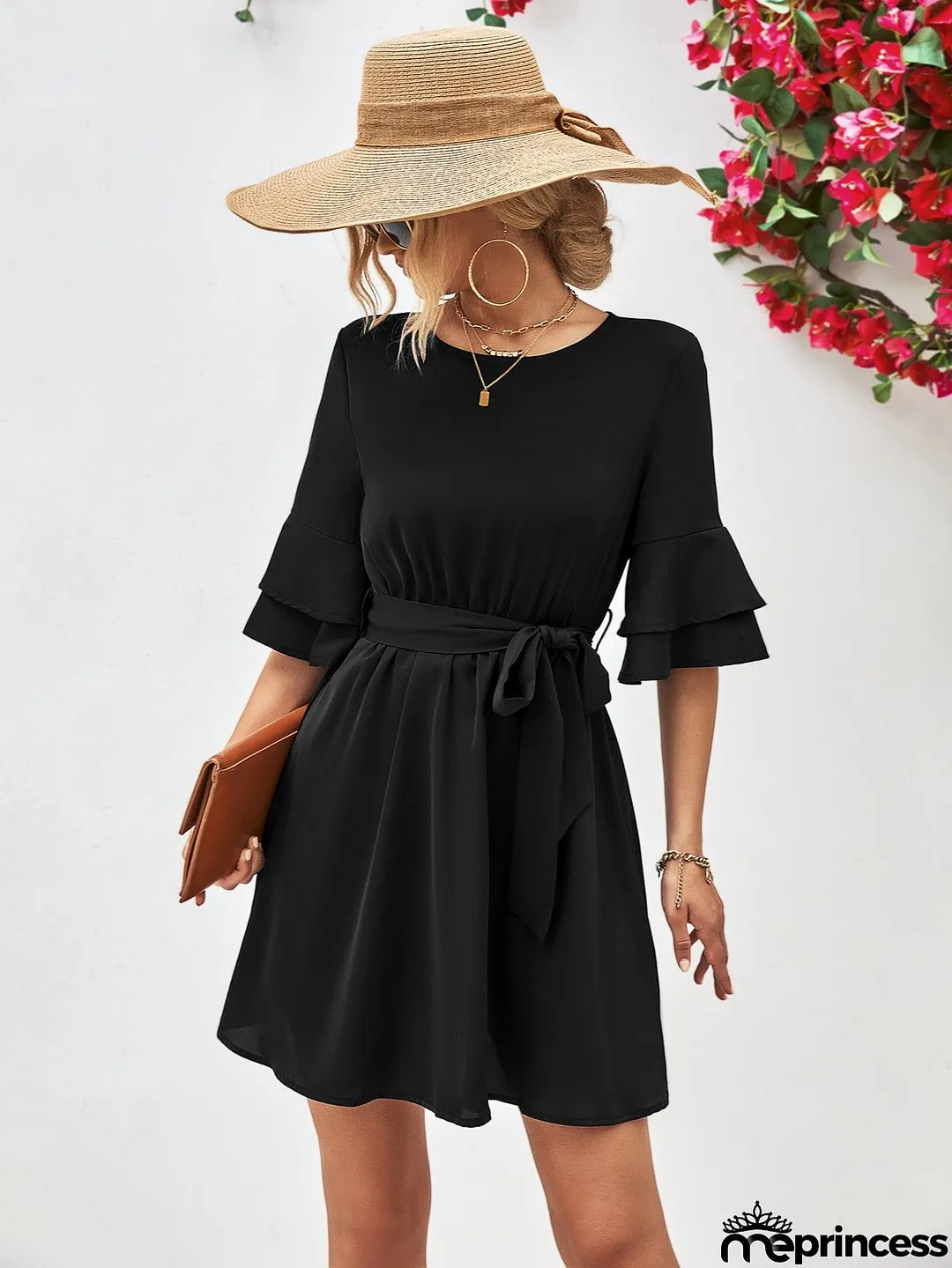 Round Neck Tie Belt Flounce Sleeve Dress