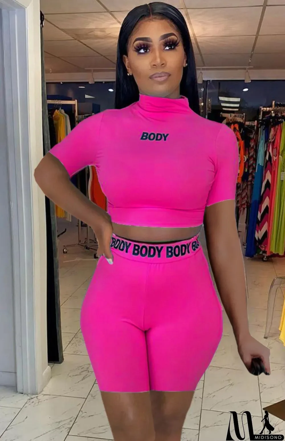 MidiSono - Summer Print Pink Bodycon Crop Top and High Waist Shorts Set