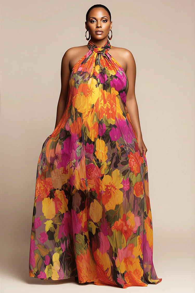 Xpluswear Design Plus Size Vacation Sundress Multicolor Floral Halter Collar Chiffon Maxi Dresses [Pre-Order] 2024 - Xpluswear