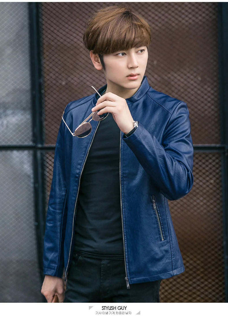 Faux Leather Black Jackets Coat Men Slim Fit Mens Windbreaker Jackets Zipper Pocket Stand Collar British Vintage Outerwear