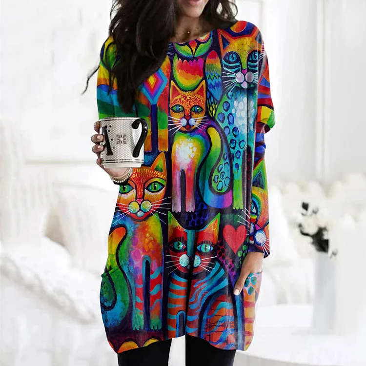 Wearshes Colorful Cat Print Casual Crew Neck Pocket Tunic