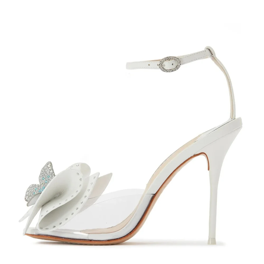 White Leather Butterfly Sandals Ankle Strap Stiletto Heels Nicepairs