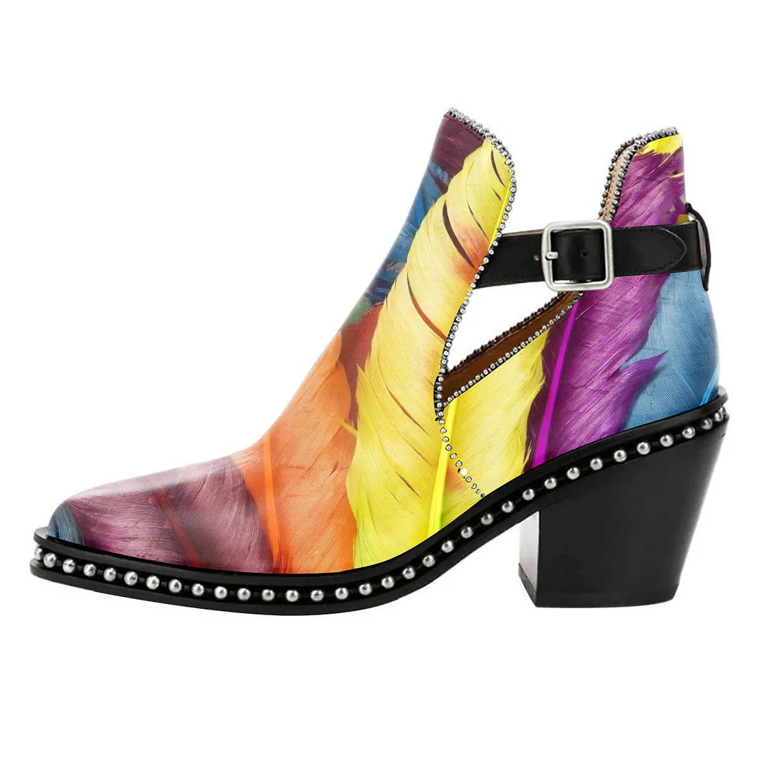 Feather Print Studded Chunky Heel Buckle Strap Short Boots for Women