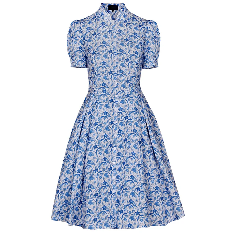 Ladies Retro Floral Single-Breasted Elegant Dress