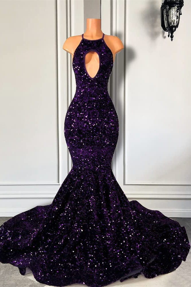Dresseswow Purple Halter Mermaid Prom Dress With Sequins Sleeveless