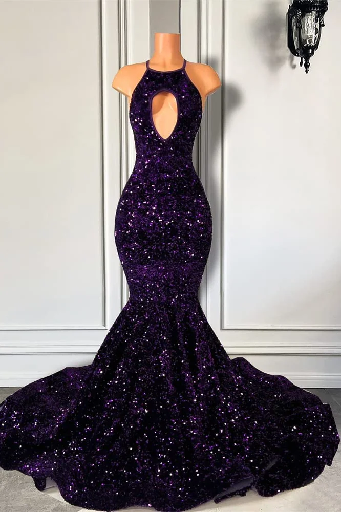 Bellasprom Purple Halter Mermaid Prom Dress With Sequins Sleeveless Bellasprom