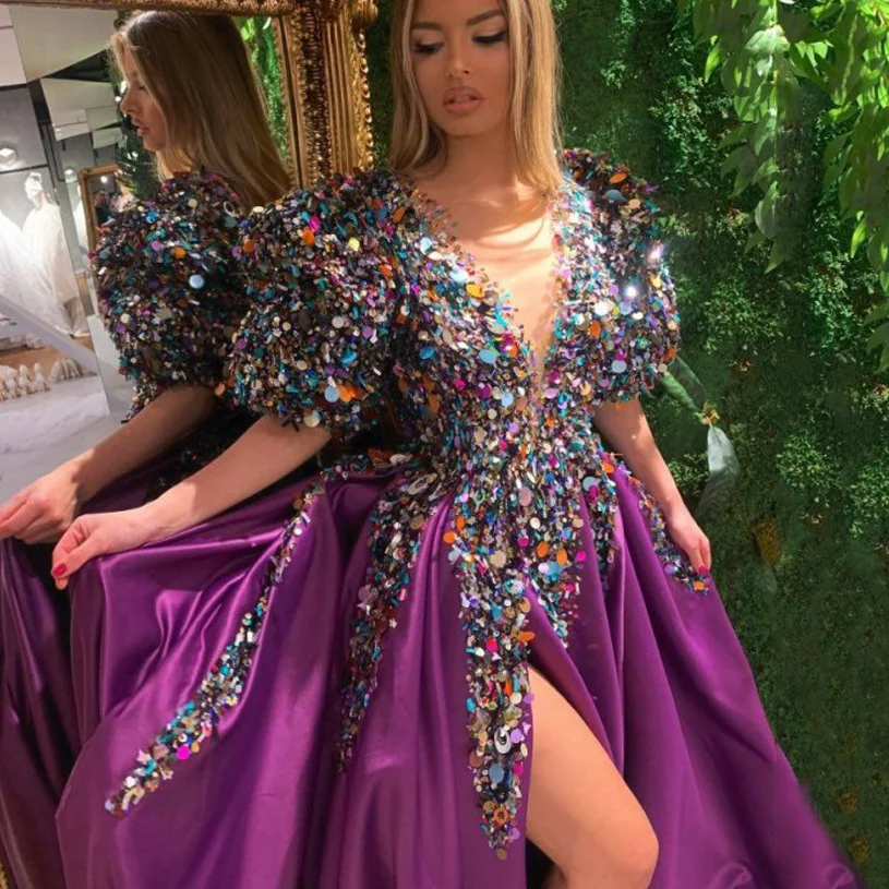 Uveng Uveng Spring New Women's Clothing Crumb Dress Squins Open Fork V-Neck Banquet Evening Dress Woman