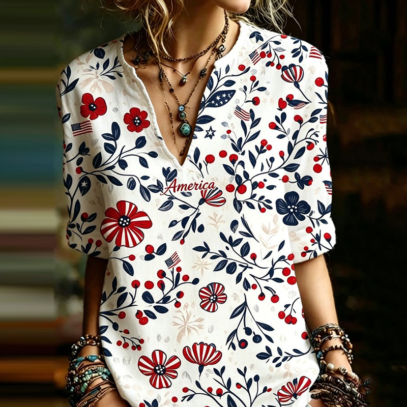 Comstylish Women's Independence Day Floral Commemorative Print Shirt