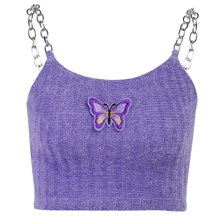 InsDoit Gothic Punk Purple Basic Tank Tops Streetwear Harajuku Butterfly Embroidery Crop Tops Women Sexy Metal Chain Straps Tops