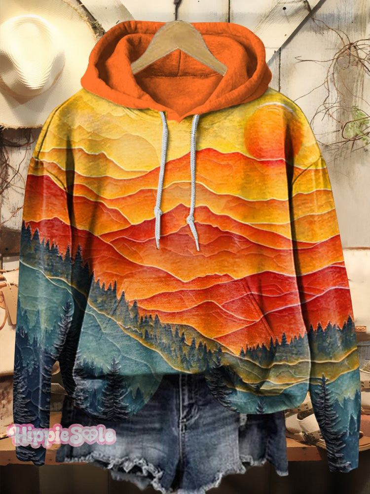 Vintage Sunset Art Print Casual Hoodie Sweatshirt Multicolor / S
