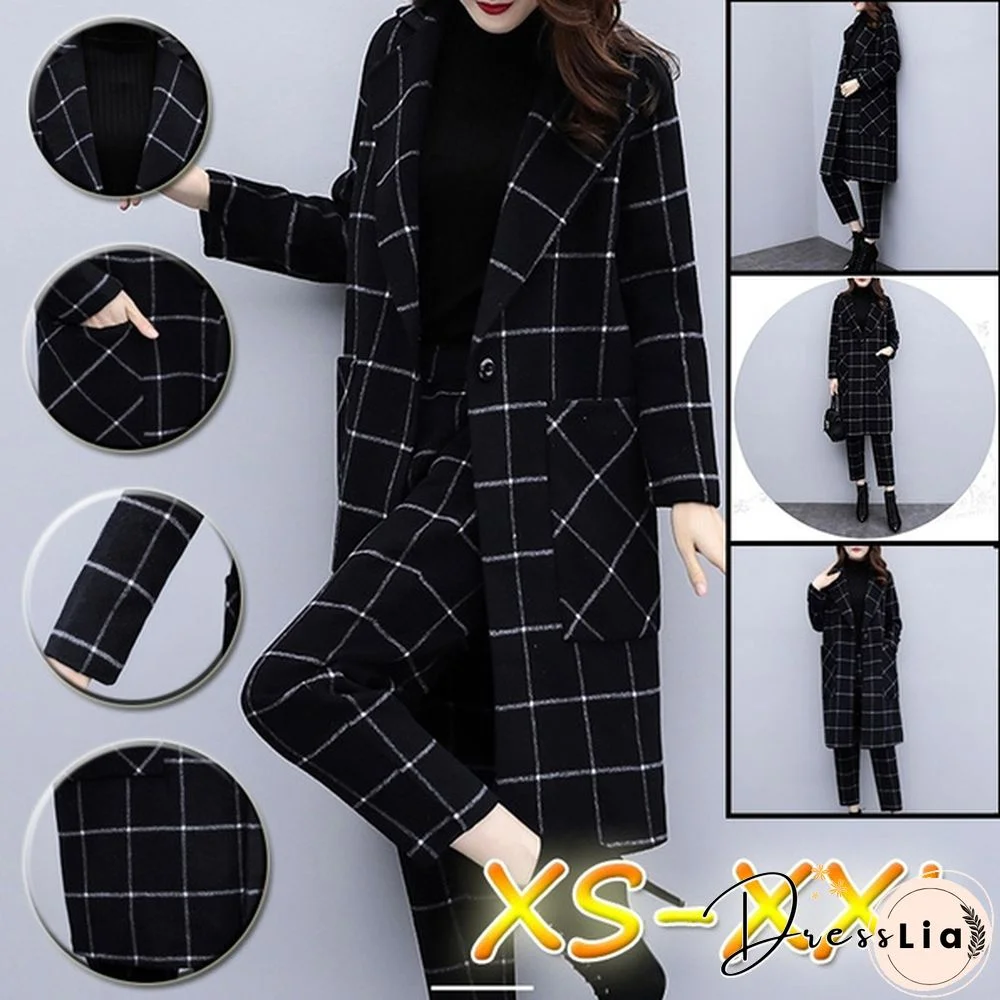 Winter Black Woolen Plaid Two Piece Sets Outfits Women Plus Size Long Coat And Pants Suits Elegant Fashion Office Sets