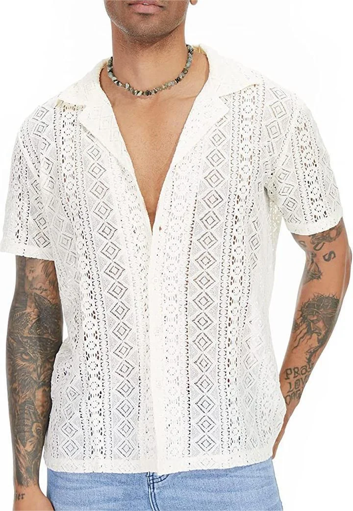 Uveng Uveng New Fashion Men's Casual Short-Sleeved Lace Collar Button Hollow Cool Perspective Shirt Top