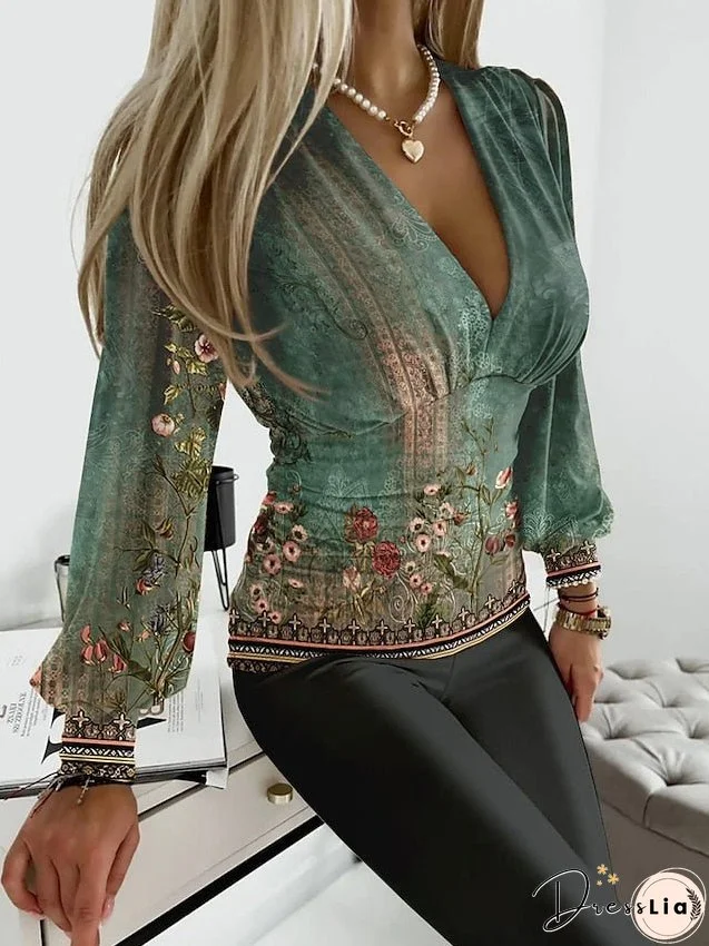 Women's T shirt Tee Floral Pink Blue Purple Print Long Sleeve Holiday Weekend Fashion V Neck Regular Fit Fall & Winter
