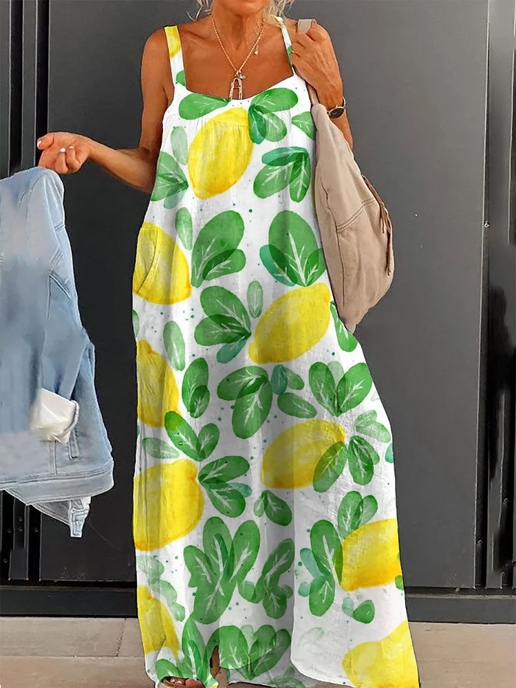 Women's Lemon Print Casual Slip Dress socialshop