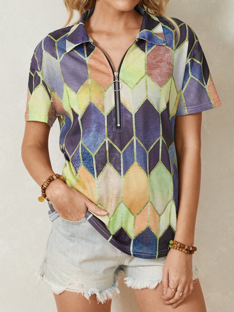Multi color Geometric Print Short Sleeve Shirt For Women P1817572