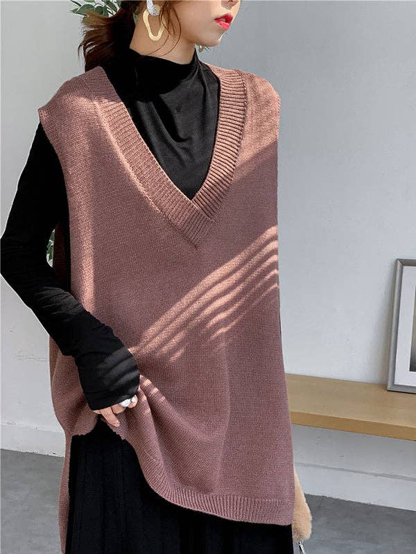 Trendy Sleeveless Split-Side Solid Color V-Neck Knitted Vest | IFYHOME