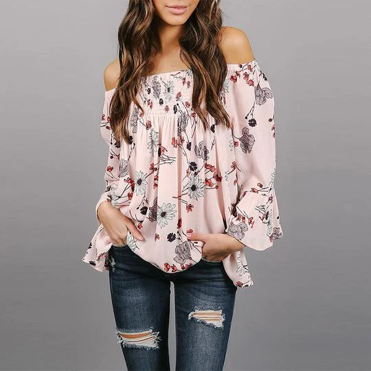 Strapless Smocked Bodice Floral Printed Blouses