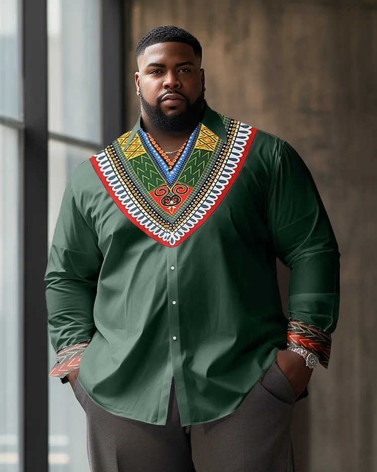 Men's Classic Casual Plus Size Green Square Long Sleeve Lapel Shirt