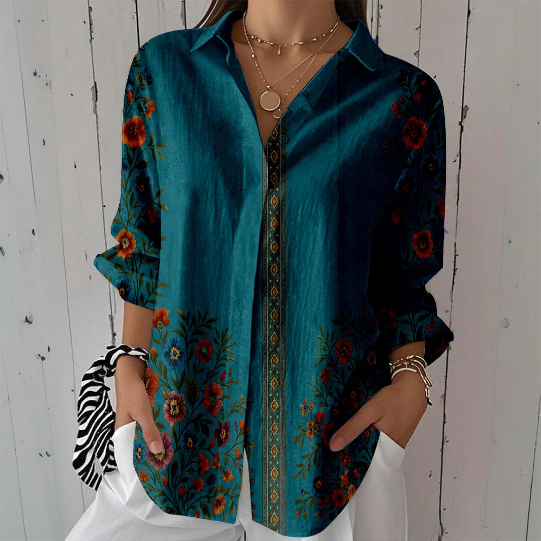 Style & Comfort for Mature Women Women Floral,Blue DZCL0318 3/4 Sleeve Shirt Collar Printed Button Tops